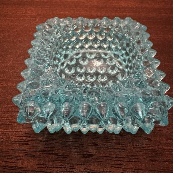 Vintage Blue Hobnail Glass Salt Cellar Square Ashtray Trinket Dish Retro MCM VTG - Picture 9 of 14